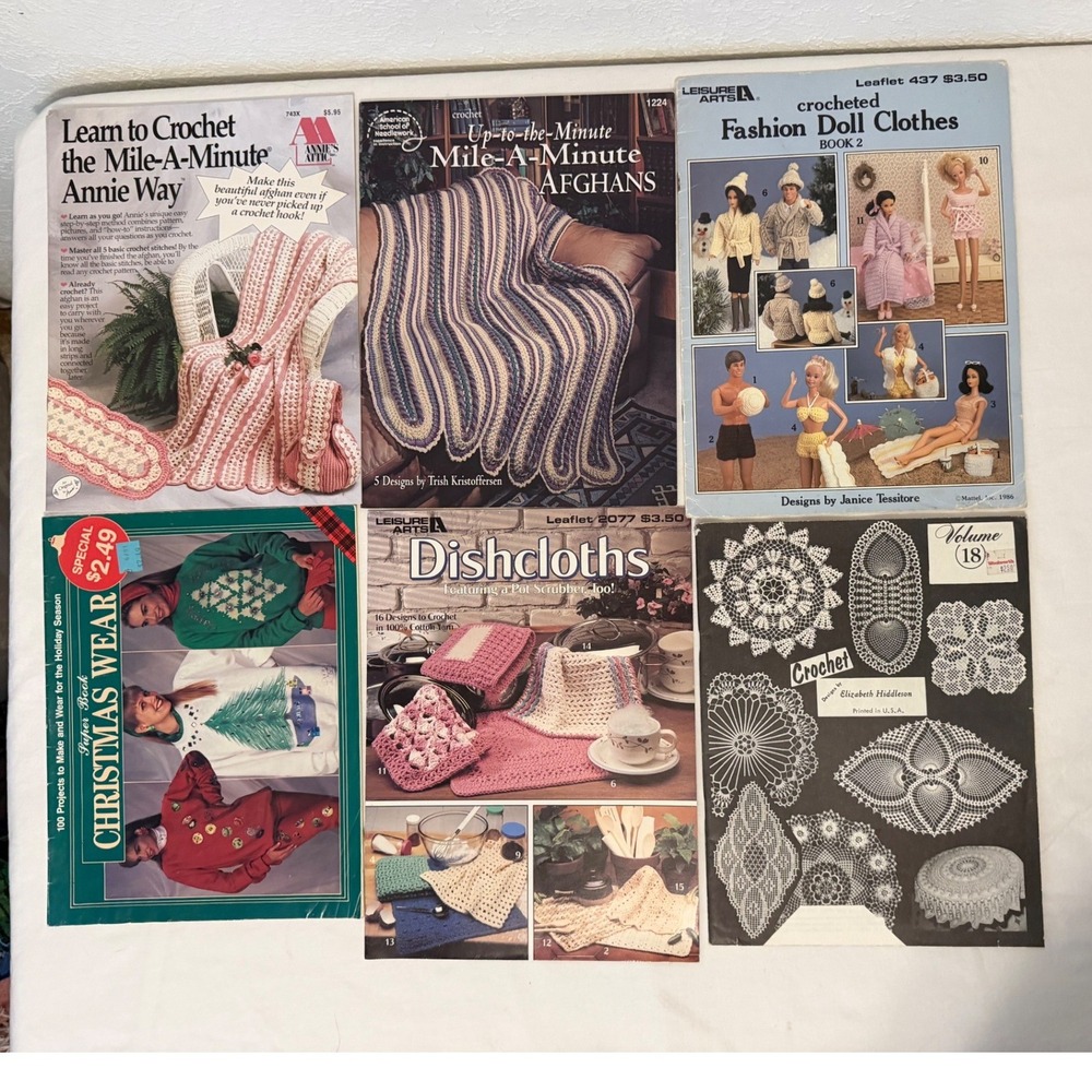 Vintage Crochet Pattern Book Lot Afghans Doll Clothes Christmas Doilies 6pc